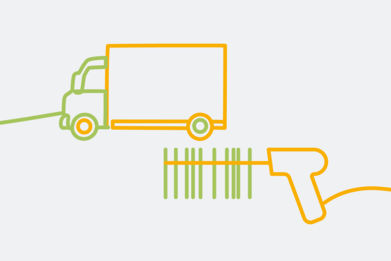 Grafische Darstellung eines LKW und eines Handscanners mit einem Barcode als Bändergrafik, Hauswirtschaft, Dienstleistungen, Service, Logistik, Reinigung, Verpflegung, Krankenhaus, Pflegeheim, Albertinen Services Hamburg Grafische Darstellung eines LKW und eines Handscanners mit einem Barcode als Bändergrafik